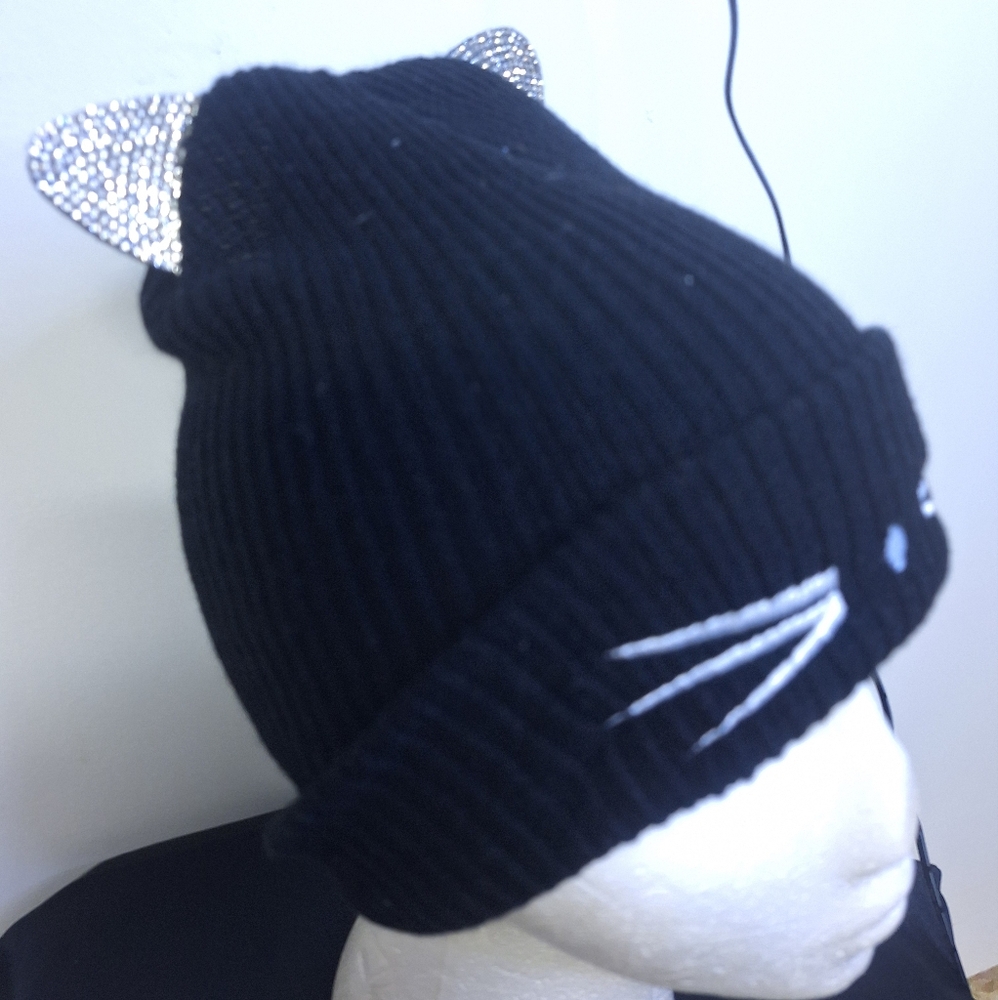Black Knit Glittery Cat Ear Hat One Size